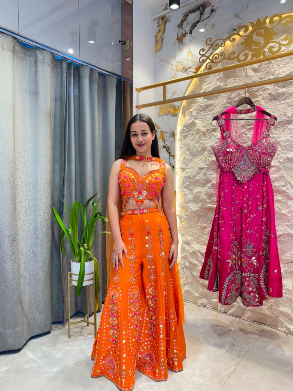 "SUNSET ORANGE MIRROR WORK INDO-WESTERN"