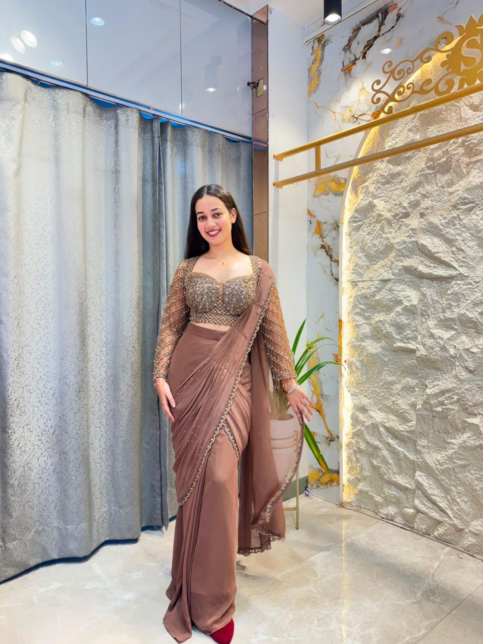 "MOCHA GLAM DRAPE SAREE"