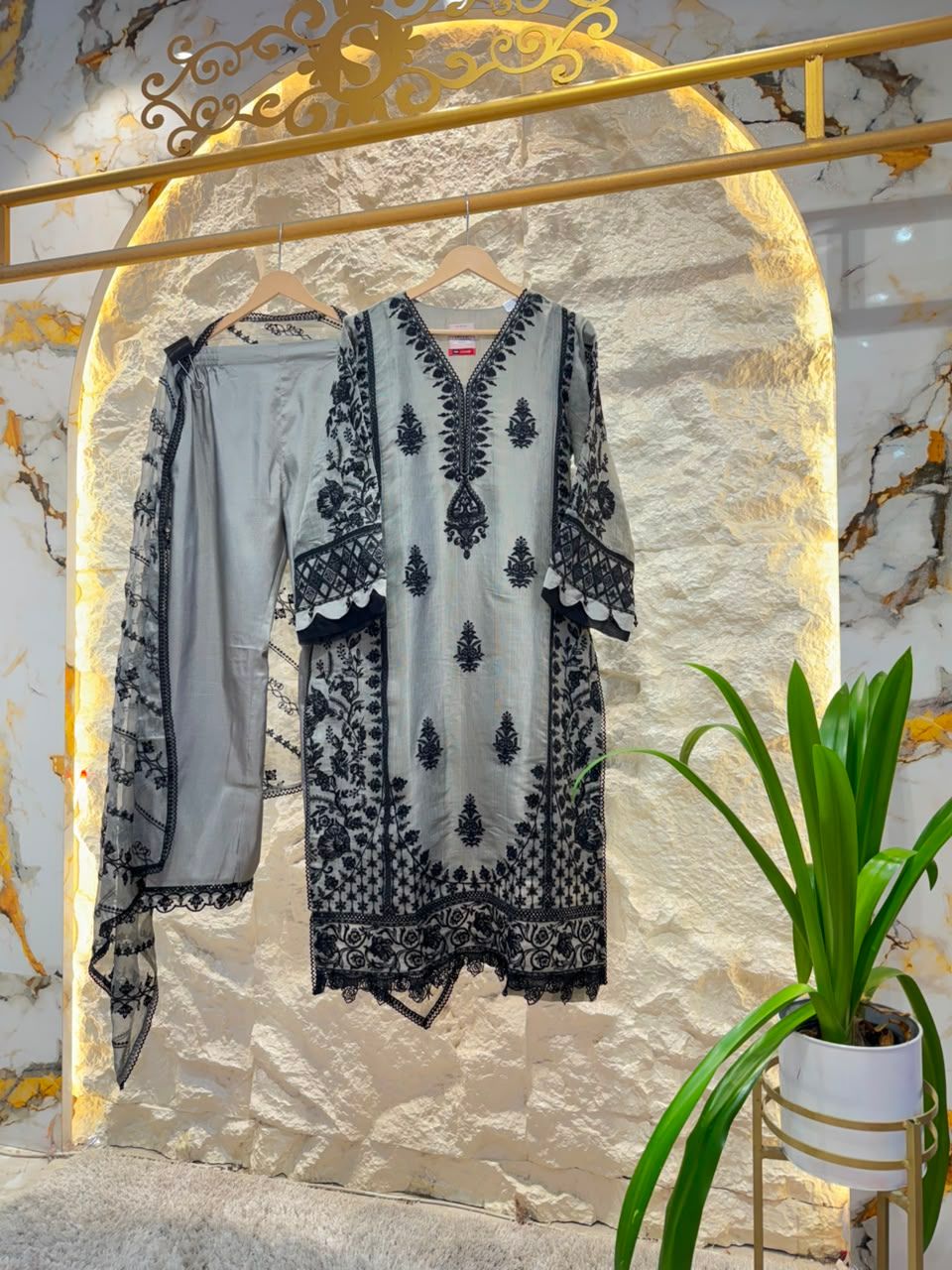 "IVORY MIST BLACK FLORAL EMBROIDERED SUIT"
