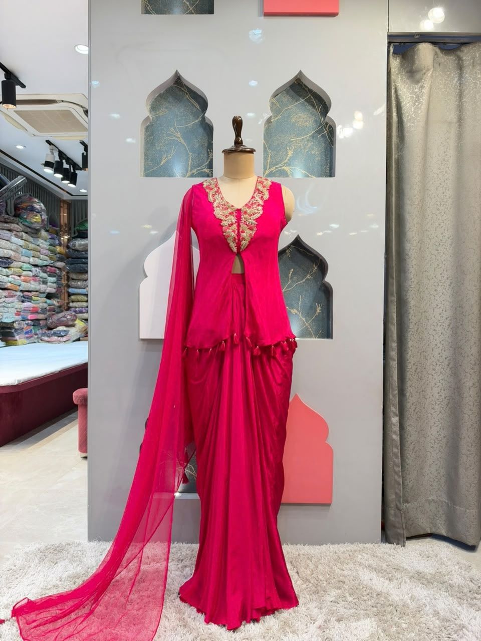 "RUBY RED EMBROIDERED INDO WESTERN"