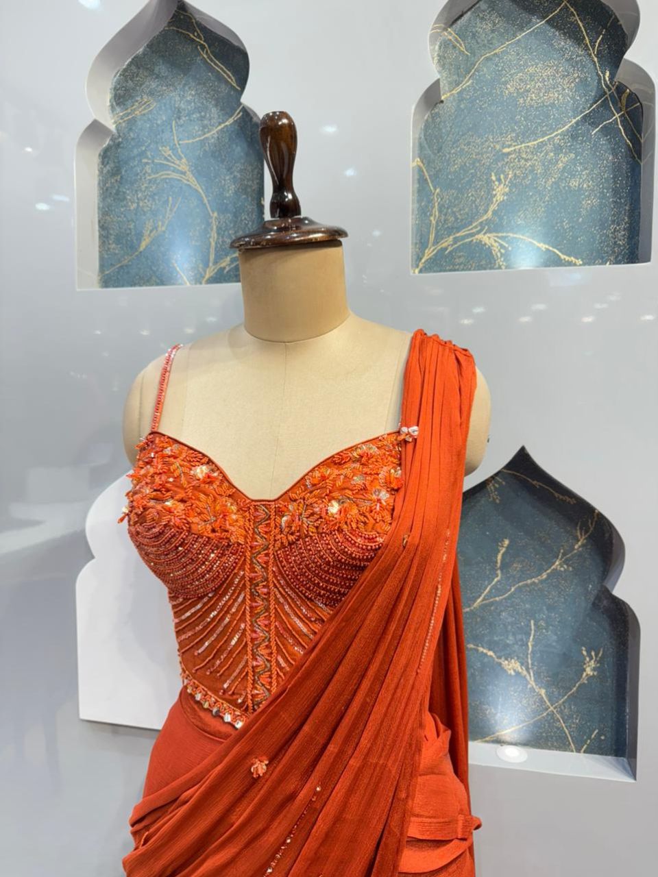 "SUNSET RUST COUTURE DRAPE SAREE"