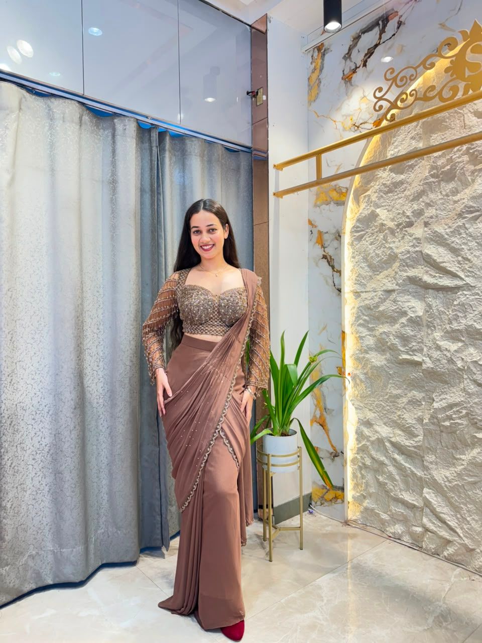 "MOCHA GLAM DRAPE SAREE"