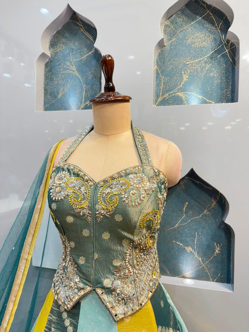 "EMERALD MIST EMBROIDERED PANELLED LEHENGA"