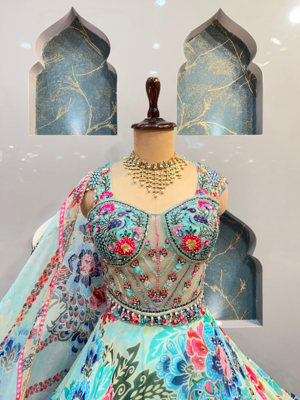 "AQUA FLORAL SYMPHONY LEHENGA"