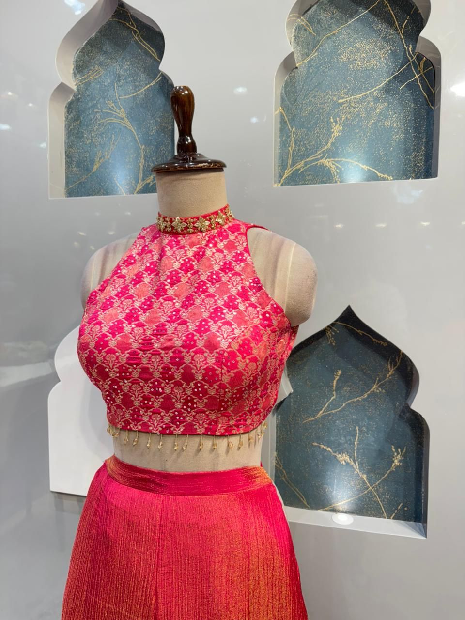 "HOT PINK BROCADE HALTER INDO-WESTERN"