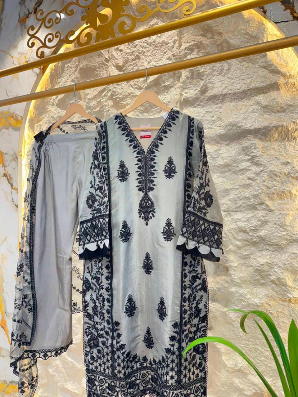 "IVORY MIST BLACK FLORAL EMBROIDERED SUIT"