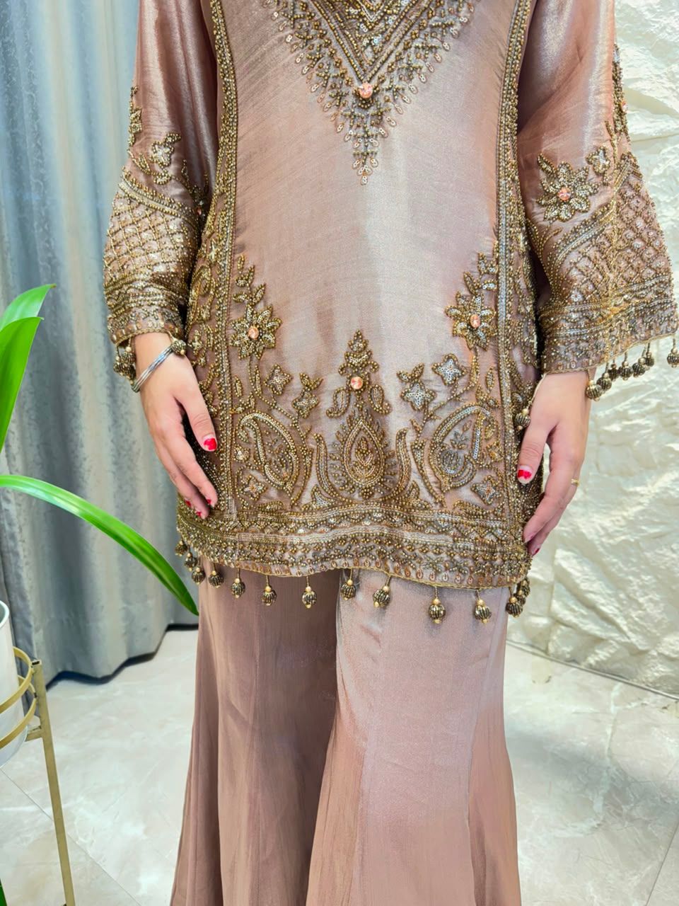 "DUSTY MAUVE AND GOLD EMBROIDERED SHARARA"