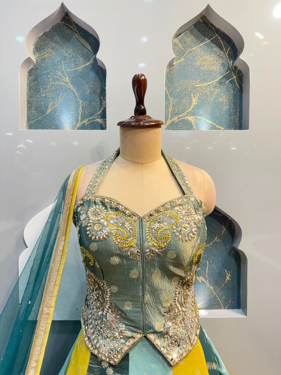 "EMERALD MIST EMBROIDERED PANELLED LEHENGA"