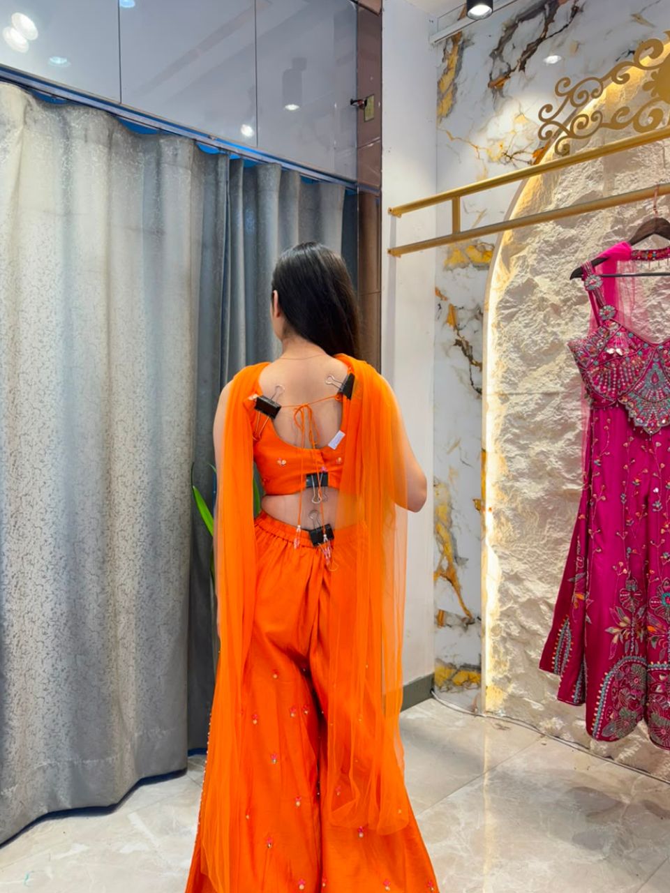 "SUNSET ORANGE MIRROR WORK INDO-WESTERN"