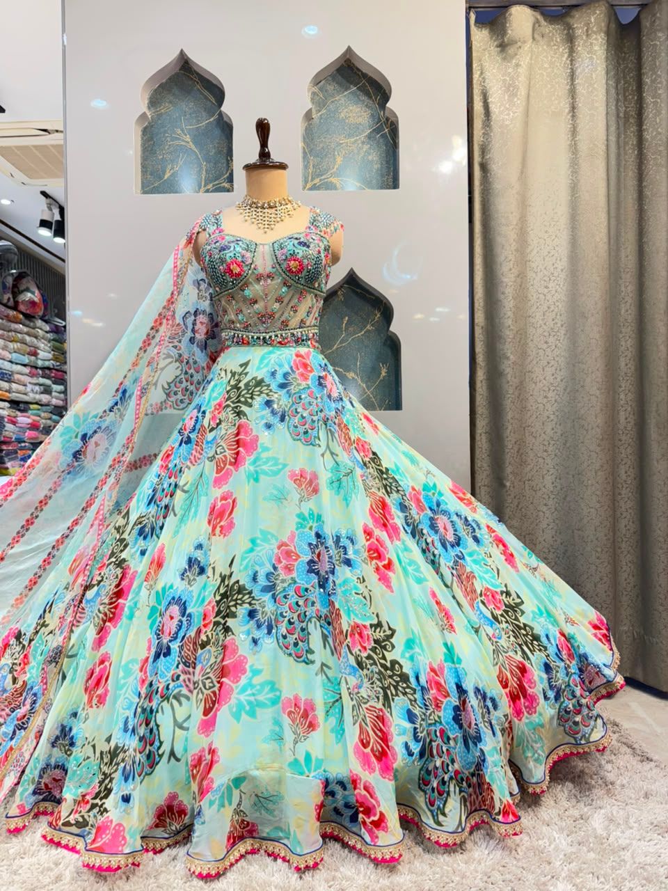 "AQUA FLORAL SYMPHONY LEHENGA"