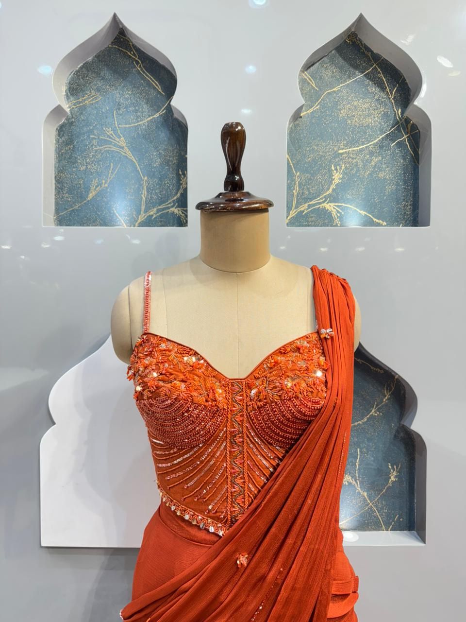 "SUNSET RUST COUTURE DRAPE SAREE"