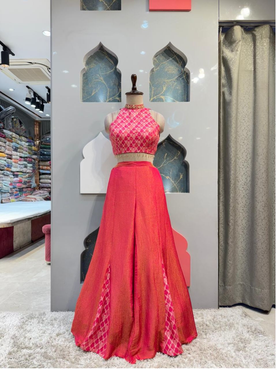 "HOT PINK BROCADE HALTER INDO-WESTERN"