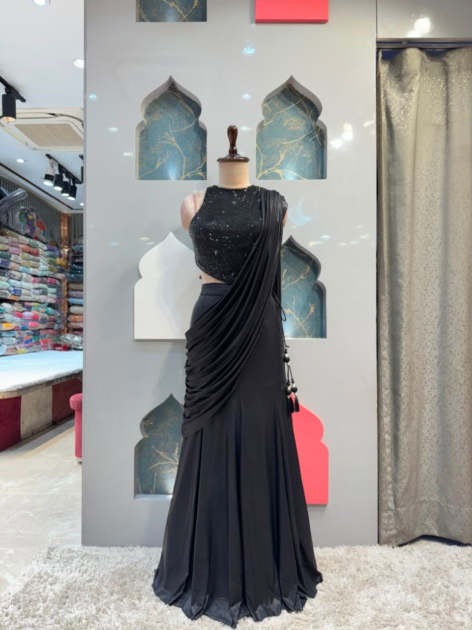 "MIDNIGHT BLACK SWQUIN DRAPE SAREE"