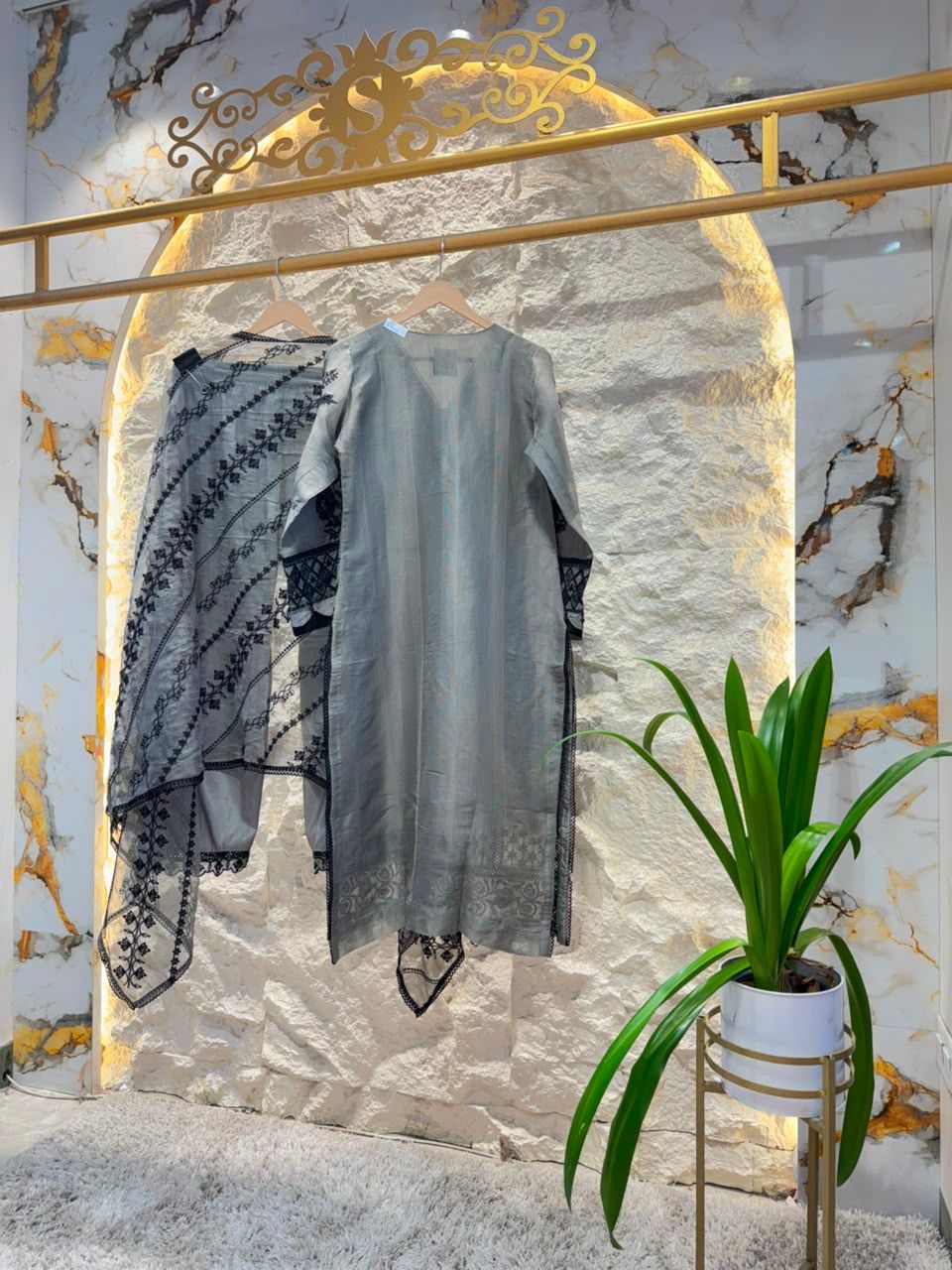 "IVORY MIST BLACK FLORAL EMBROIDERED SUIT"