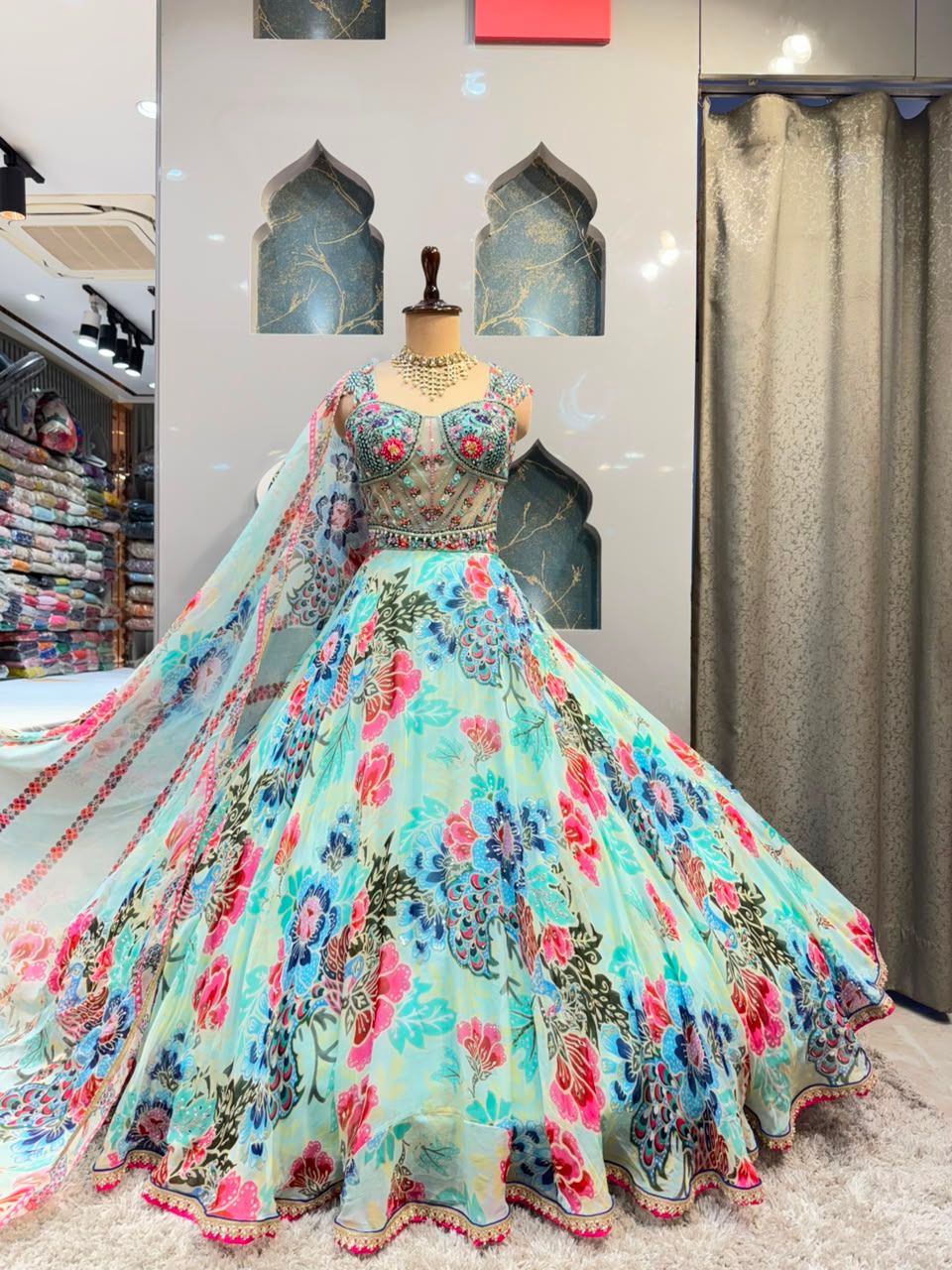 "AQUA FLORAL SYMPHONY LEHENGA"