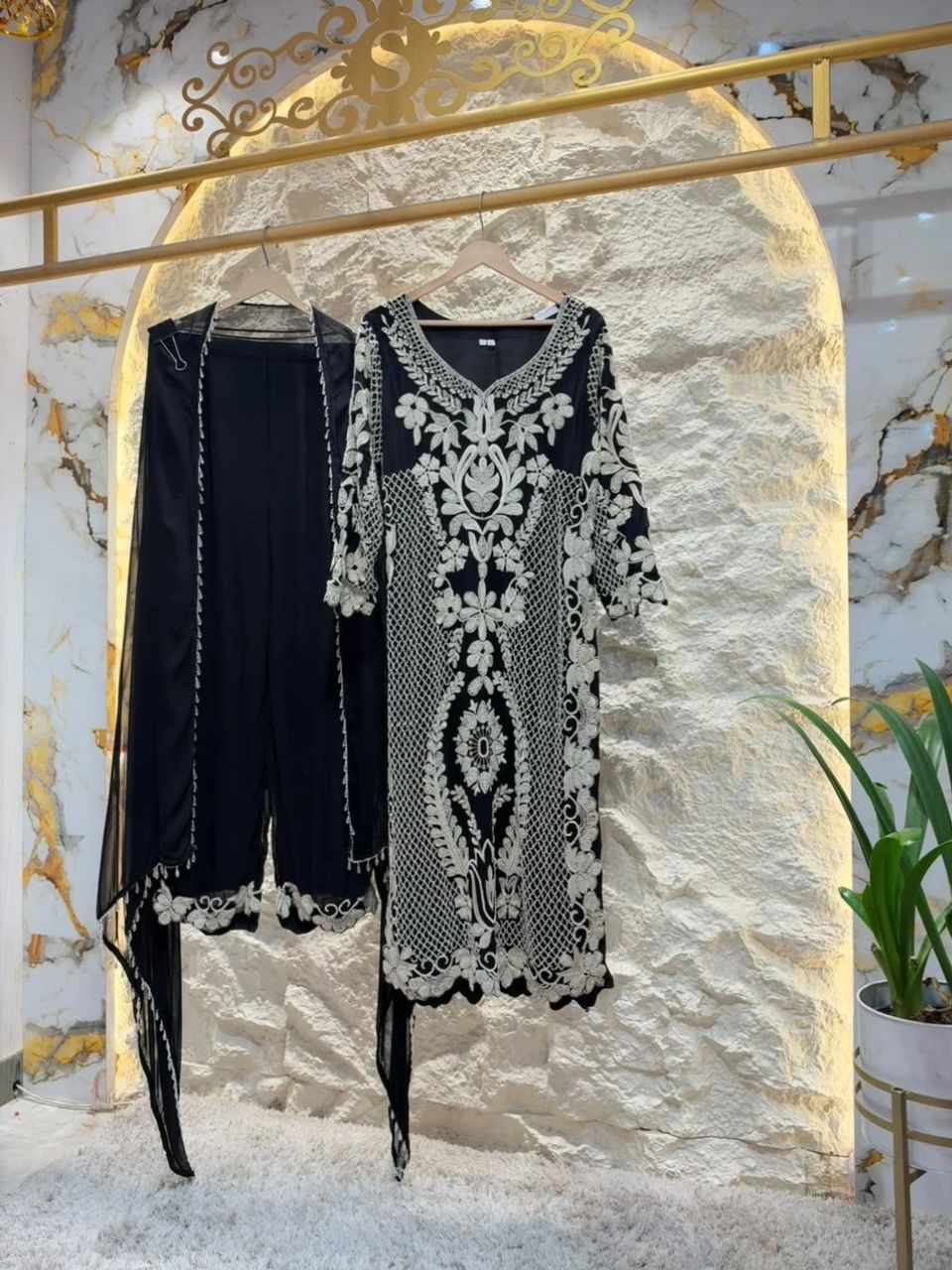 "ELEGANT BLACK SUIT WITH IVORY EMBROIDERED"