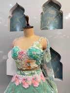 "MINT BLOSSOM 3D FLORAL EMBROIDERED LEHENGA"