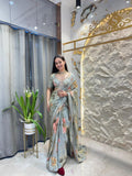 "SAGE BLOOM PRINTED ORGANZA SAREE"