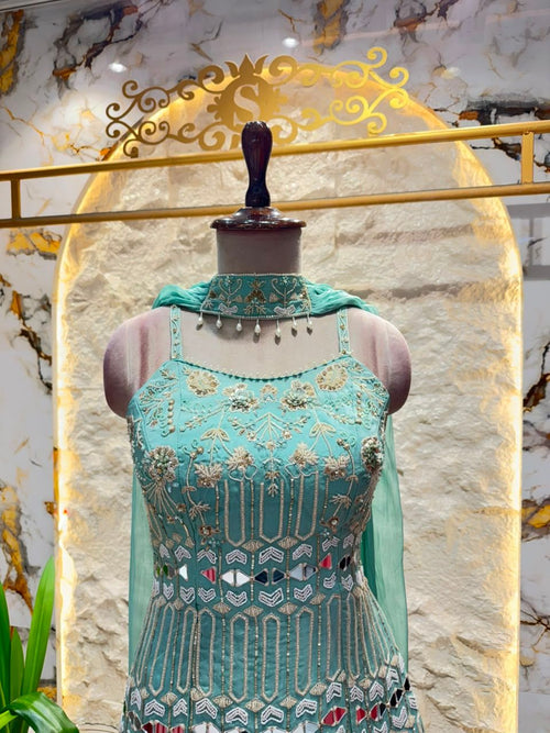 "AQUA BLUE MIRROR WORK INDO-WESTERN"