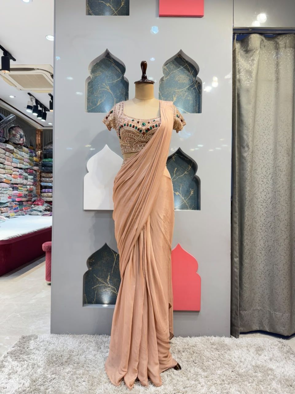 "BLUSH ROSE DRAPED EMBELLISHED DRAPE SAREE"