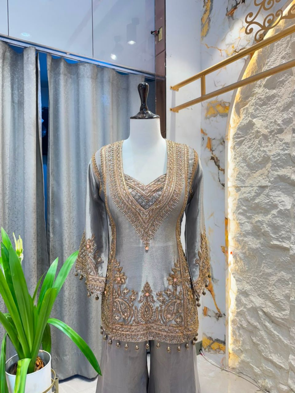 "SOMKEY GREY AND GOLD EMBROIDERED SHARARA"