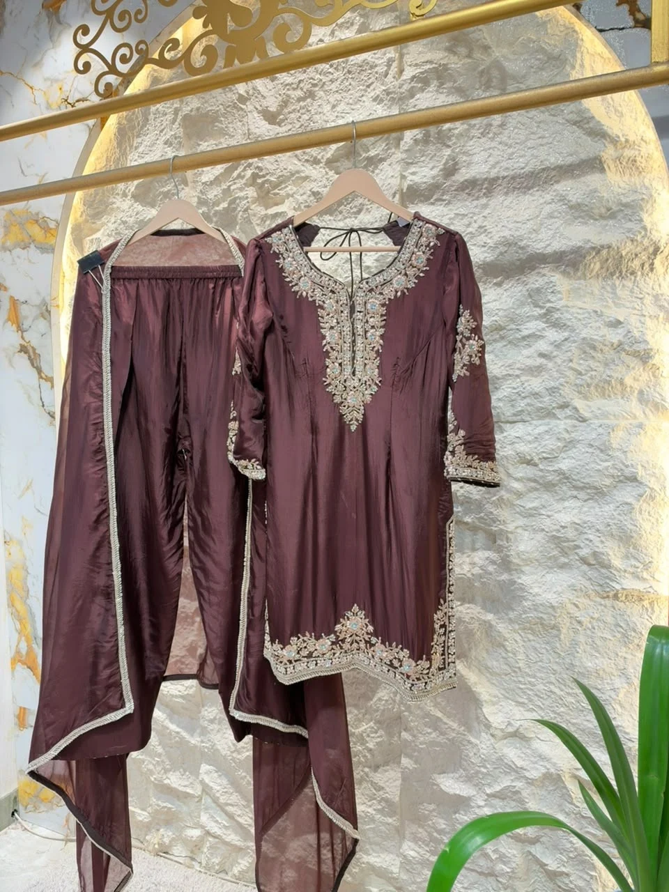 "ELEGANT WINE EMBROIDERED SUIT"
