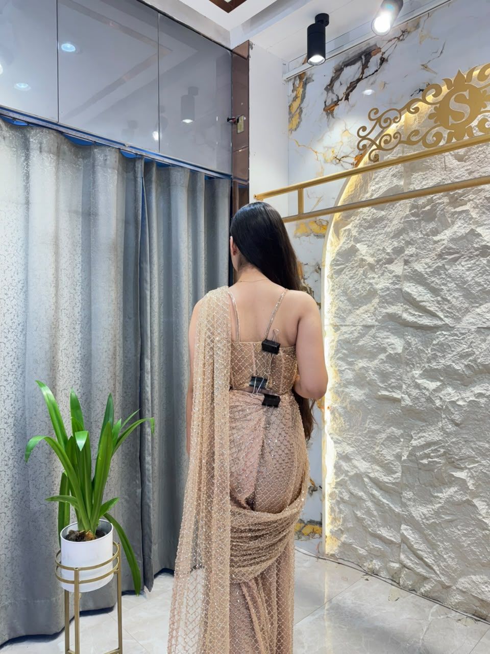 " CHAMPAGNE GLOW DRAPE SAREE"
