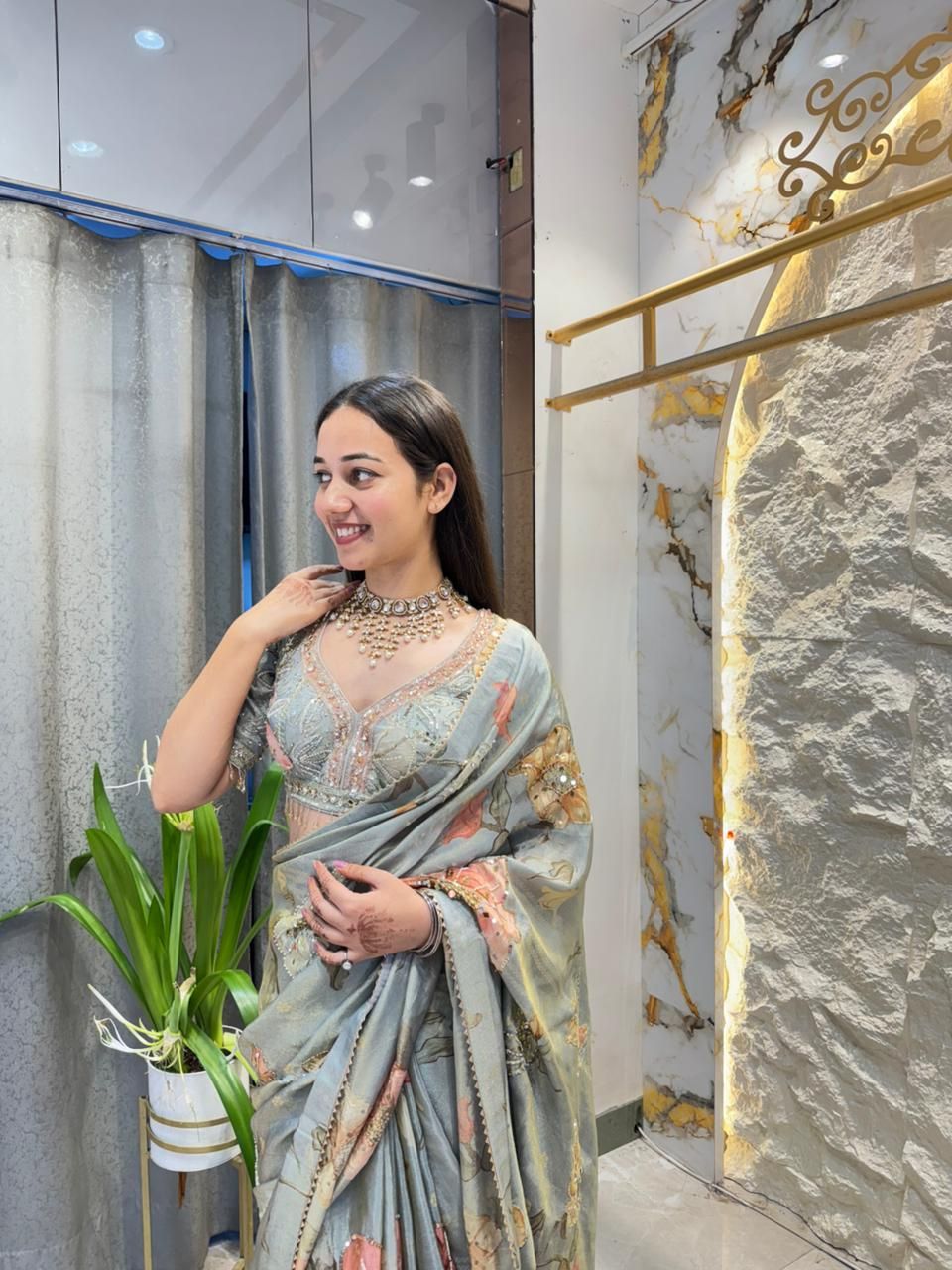 "SAGE BLOOM PRINTED ORGANZA SAREE"