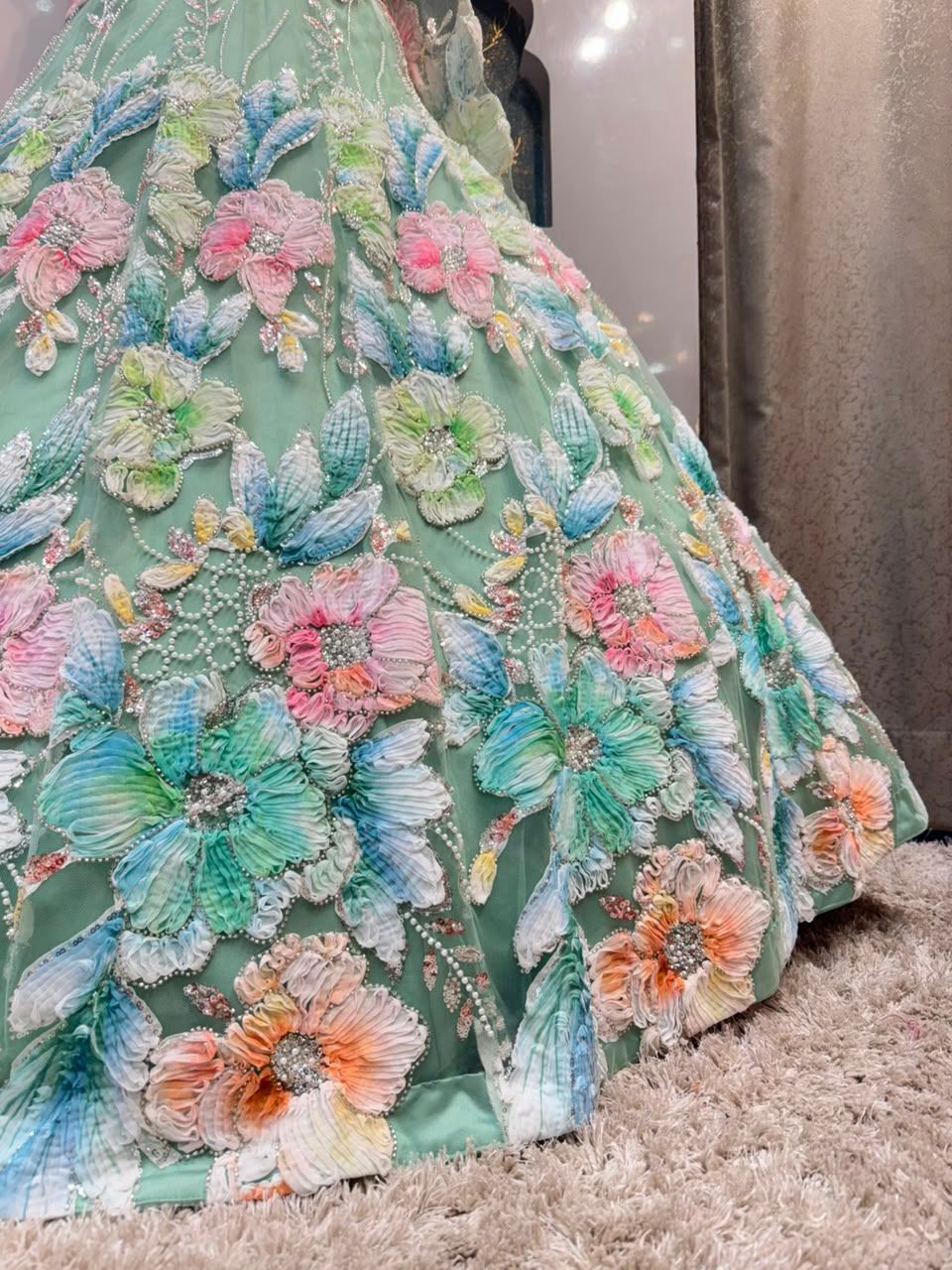 "MINT BLOSSOM 3D FLORAL EMBROIDERED LEHENGA"