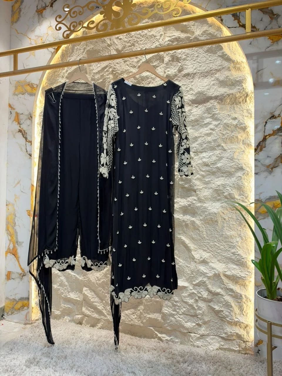 "ELEGANT BLACK SUIT WITH IVORY EMBROIDERED"