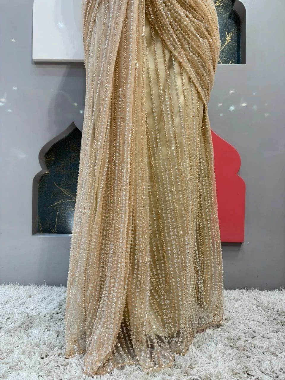 "CHAMPAGNE PEARL DRAPE SAREE"