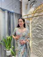 "SAGE BLOOM PRINTED ORGANZA SAREE"