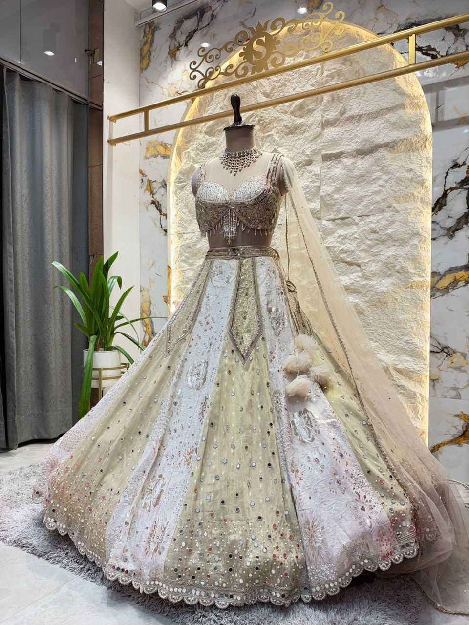 "IVORY AND MIRRORWORK EMBROIDERED LEHENGA"