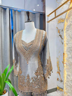 "SOMKEY GREY AND GOLD EMBROIDERED SHARARA"