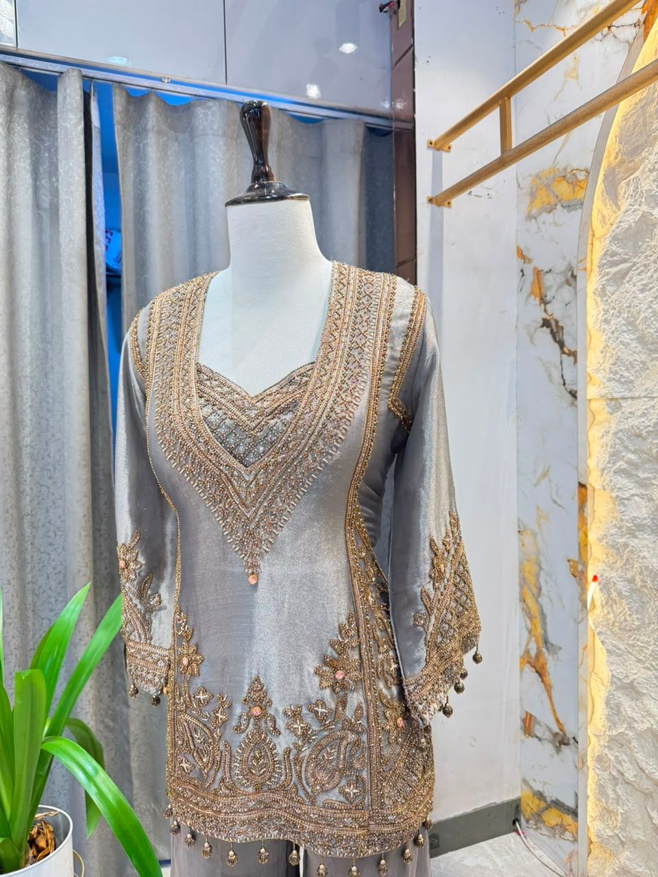 "SOMKEY GREY AND GOLD EMBROIDERED SHARARA"