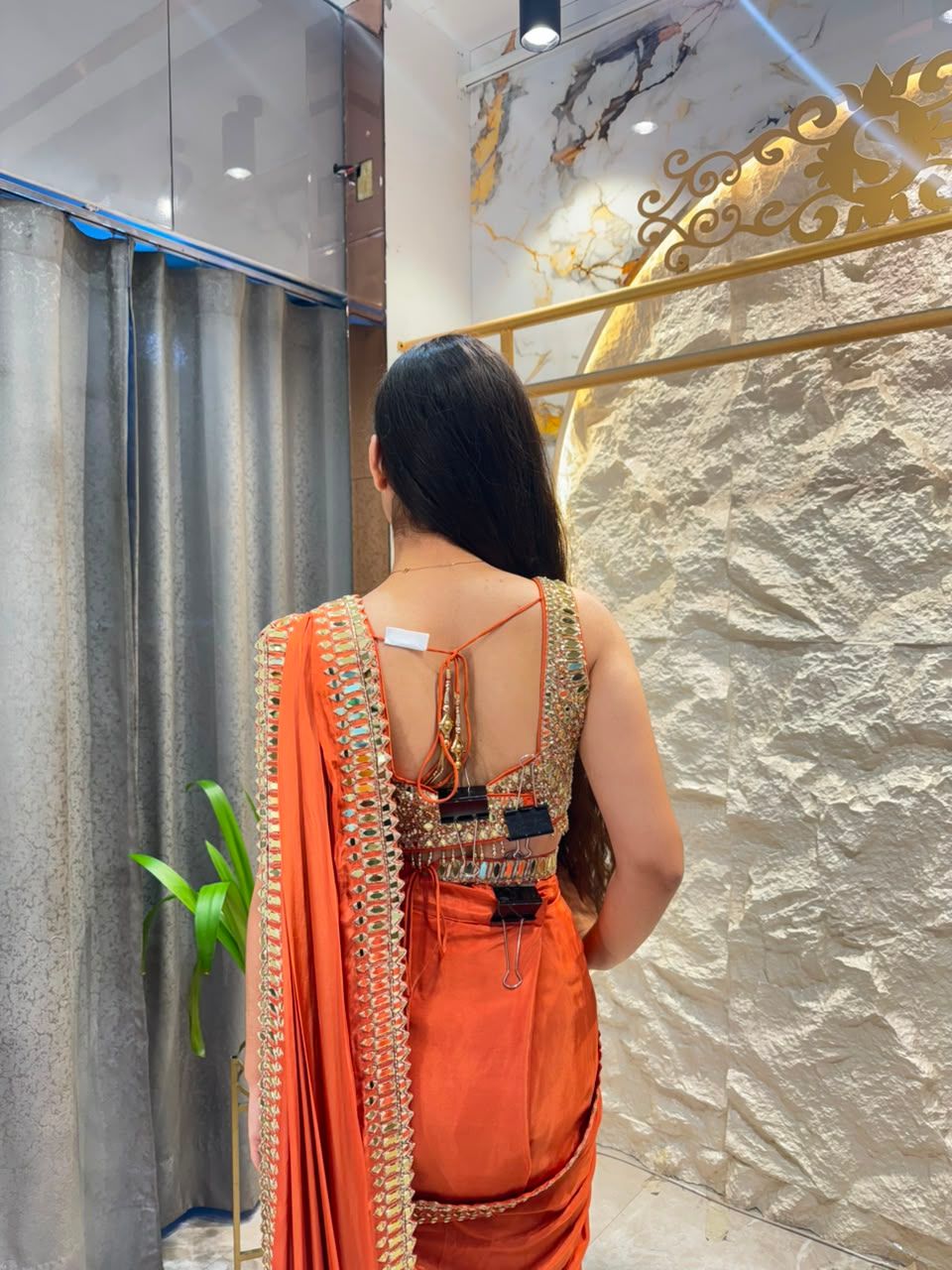 "SUNSET ORANGE ROYALE DRAPE SAREE"