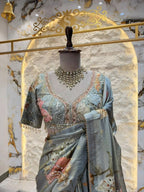 "PASTEL BLUE FLORAL EMBROIDERED SAREE"