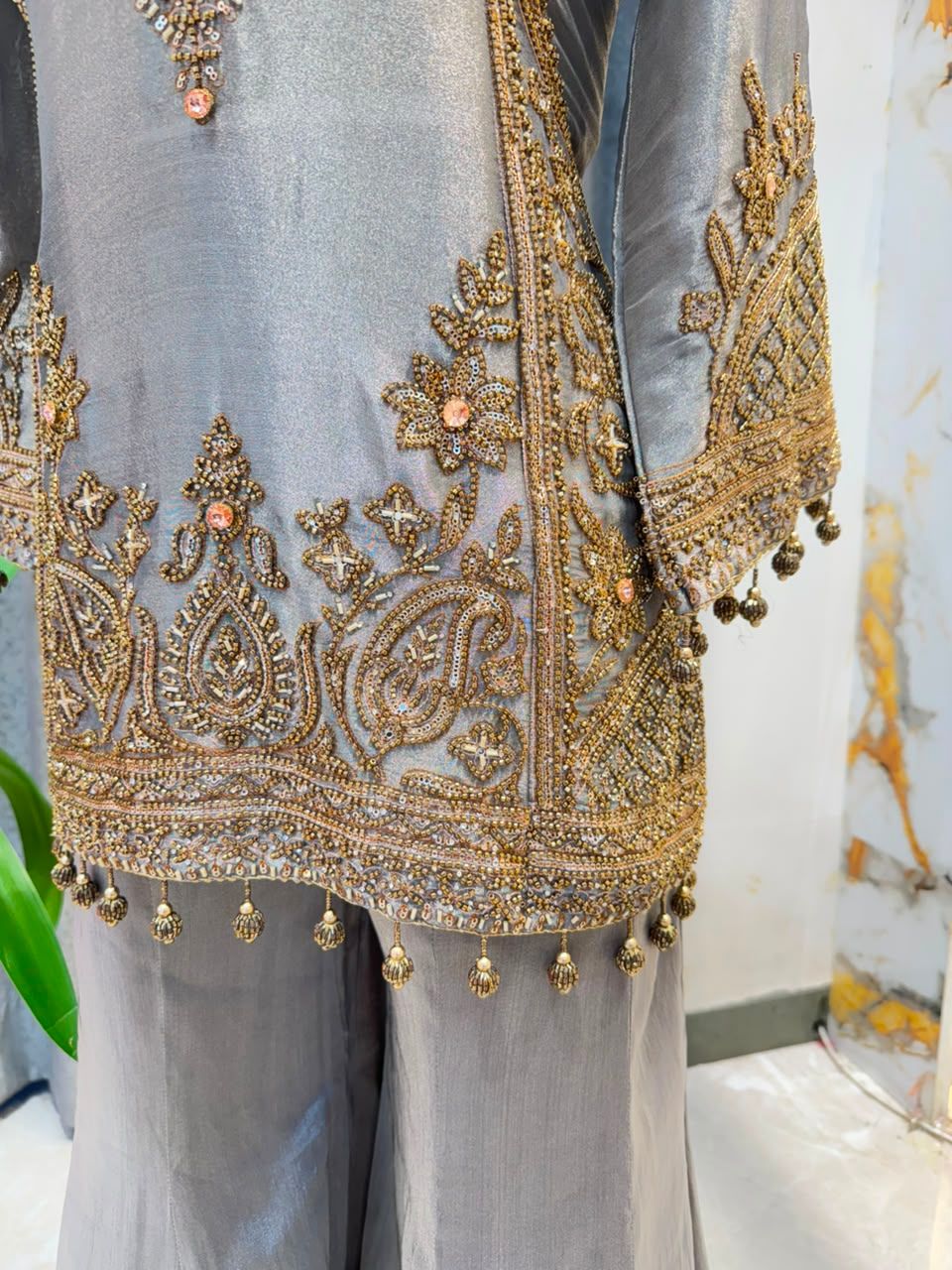 "SOMKEY GREY AND GOLD EMBROIDERED SHARARA"