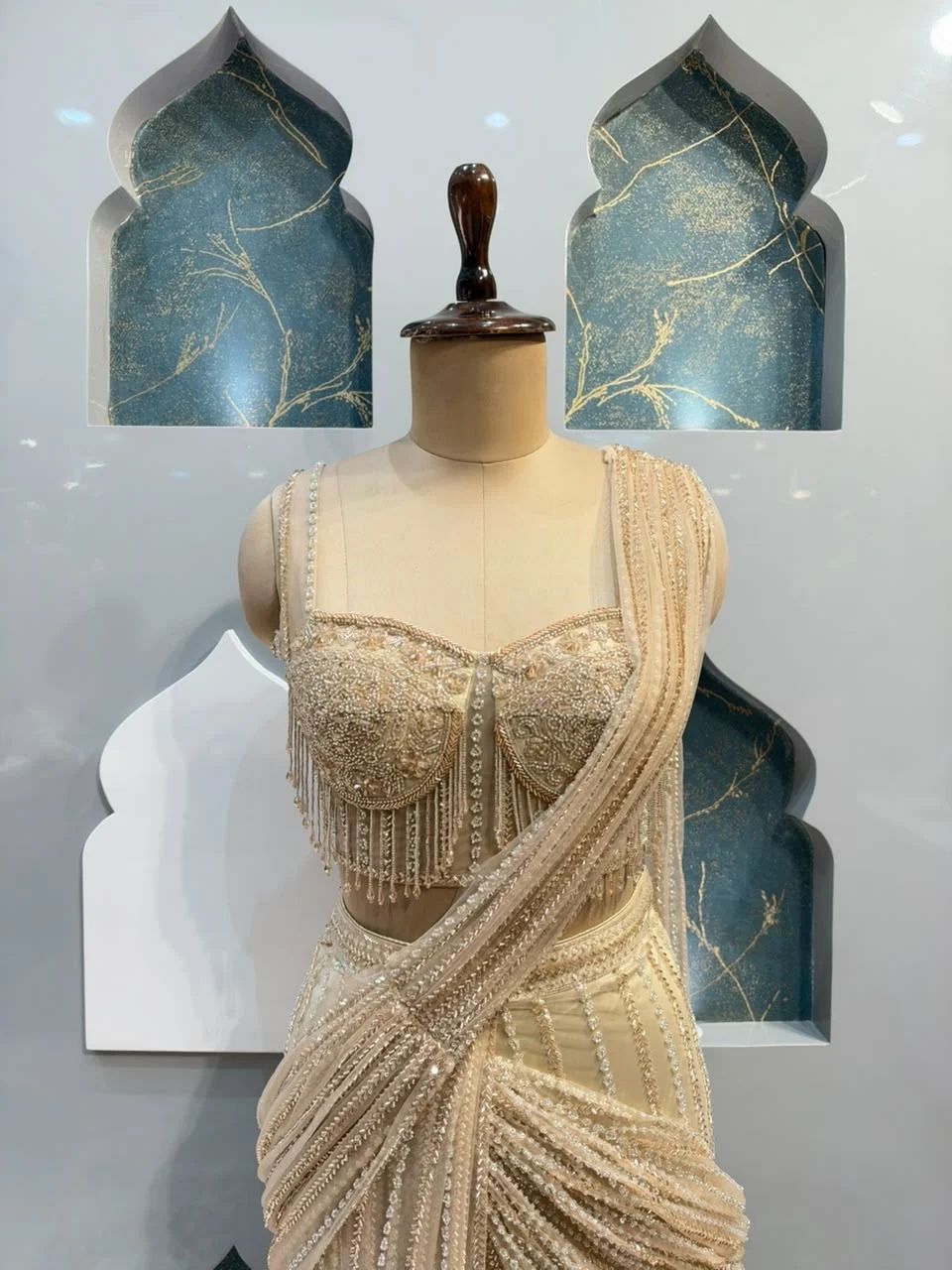 "CHAMPAGNE PEARL DRAPE SAREE"