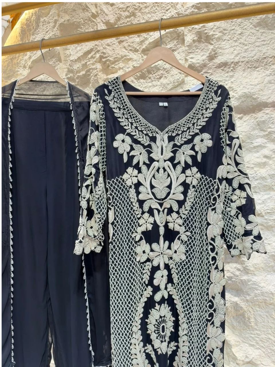 "ELEGANT BLACK SUIT WITH IVORY EMBROIDERED"