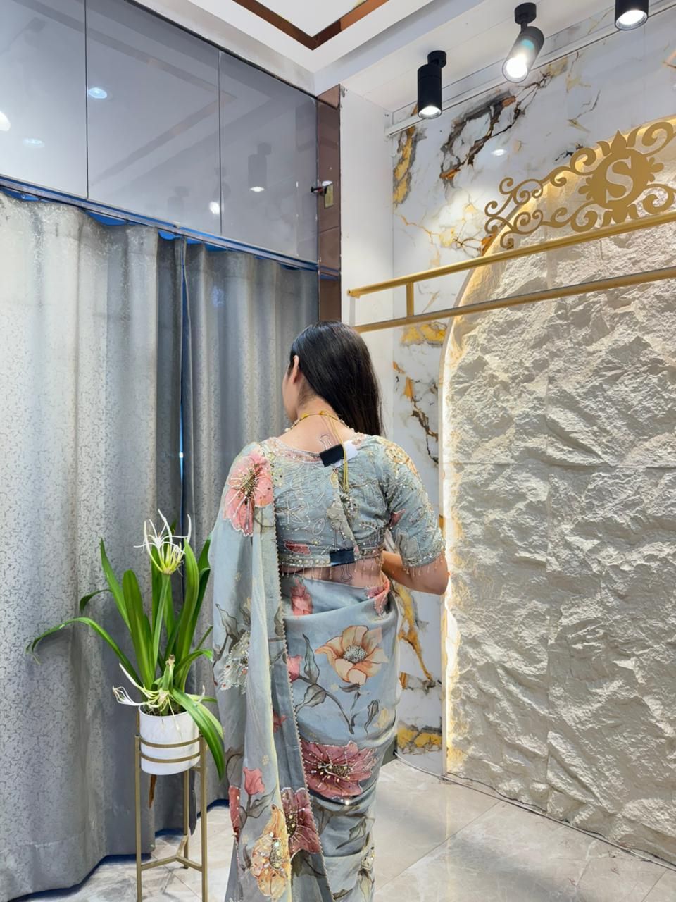 "SAGE BLOOM PRINTED ORGANZA SAREE"