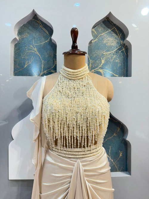 "IVORY PEARL FRINGE DRAPE INDO-WESTERN"