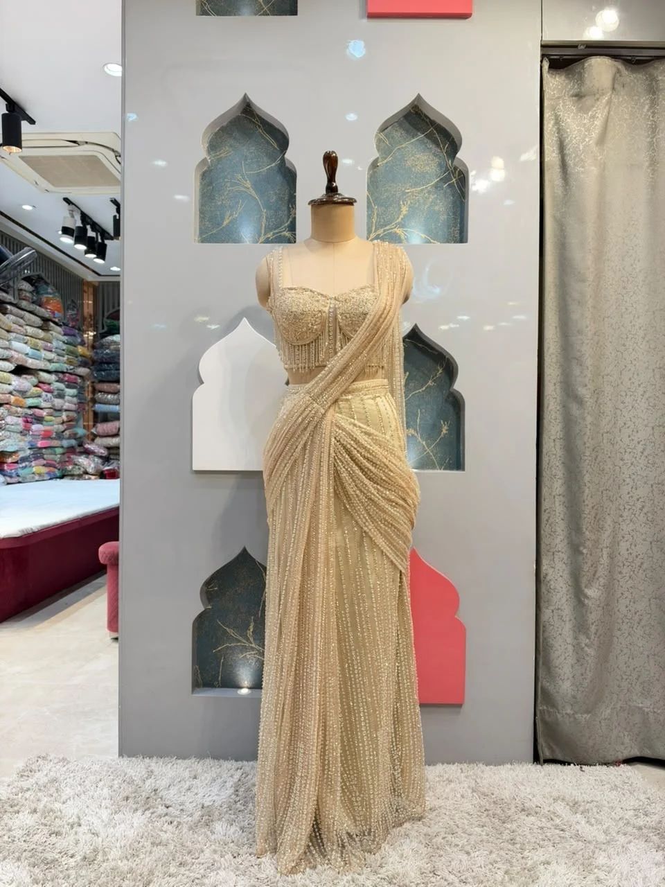 "CHAMPAGNE PEARL DRAPE SAREE"