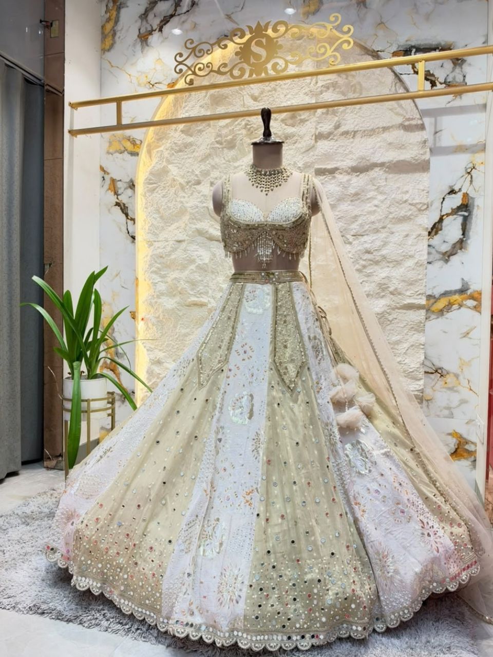 "IVORY AND MIRRORWORK EMBROIDERED LEHENGA"