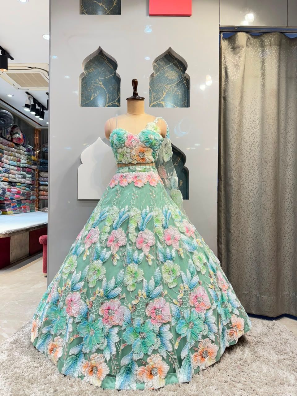 "MINT BLOSSOM 3D FLORAL EMBROIDERED LEHENGA"