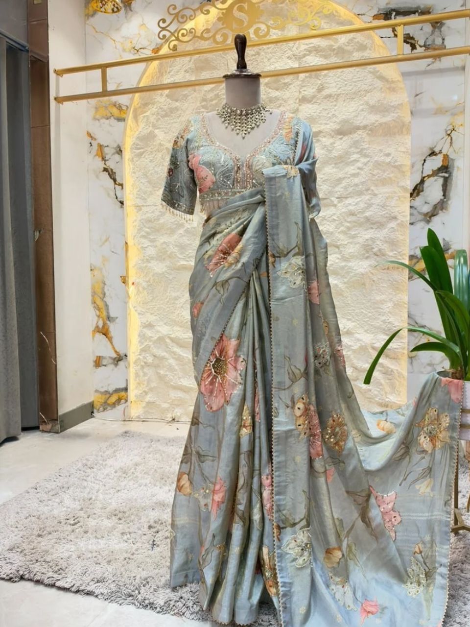 "PASTEL BLUE FLORAL EMBROIDERED SAREE"
