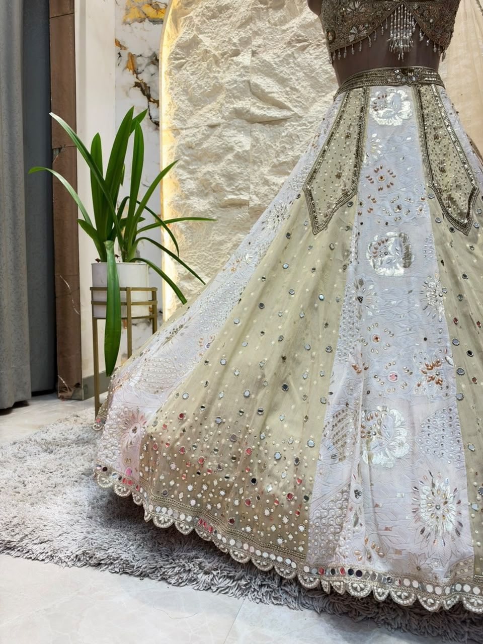 "IVORY AND MIRRORWORK EMBROIDERED LEHENGA"