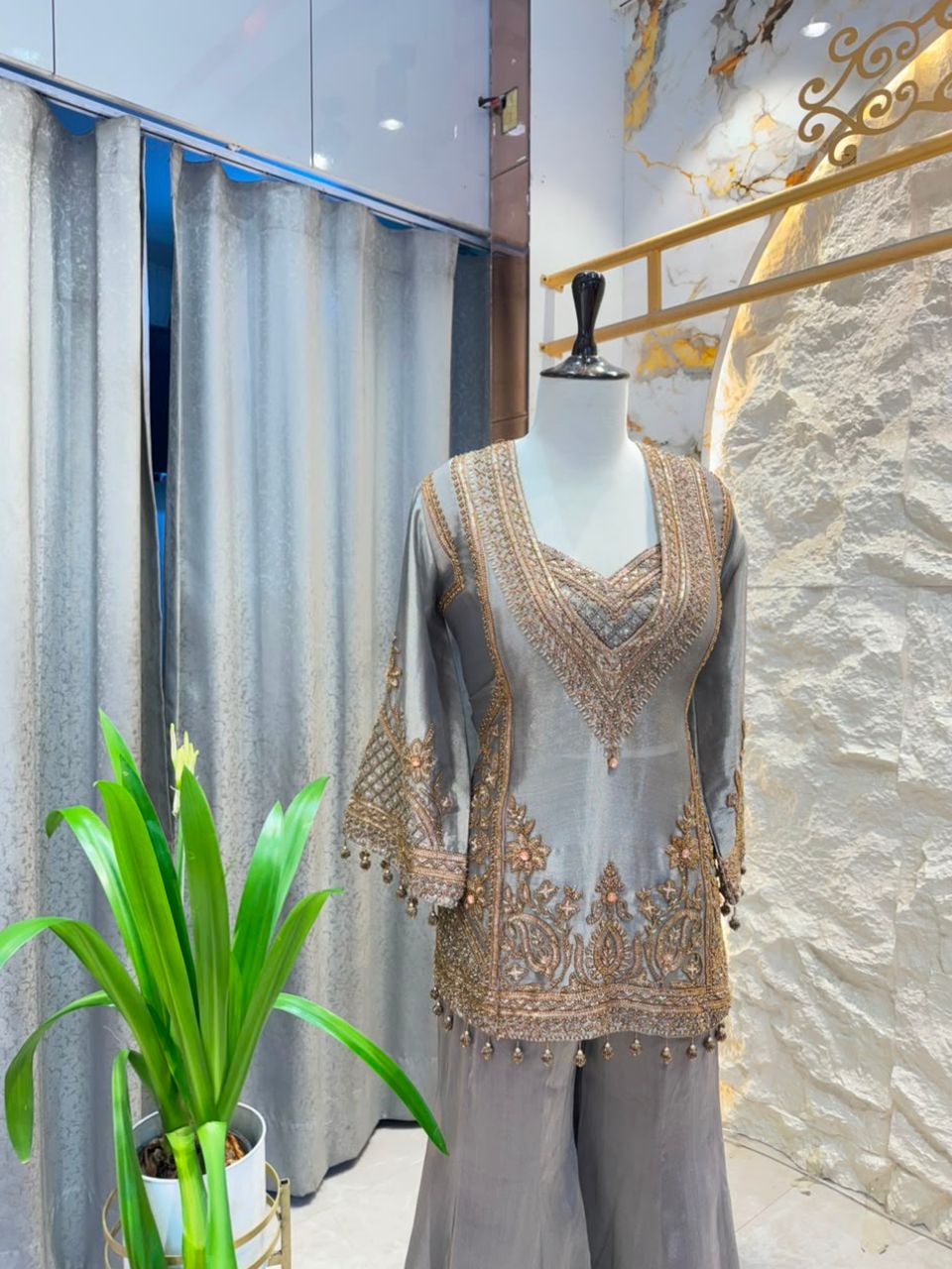 "SOMKEY GREY AND GOLD EMBROIDERED SHARARA"