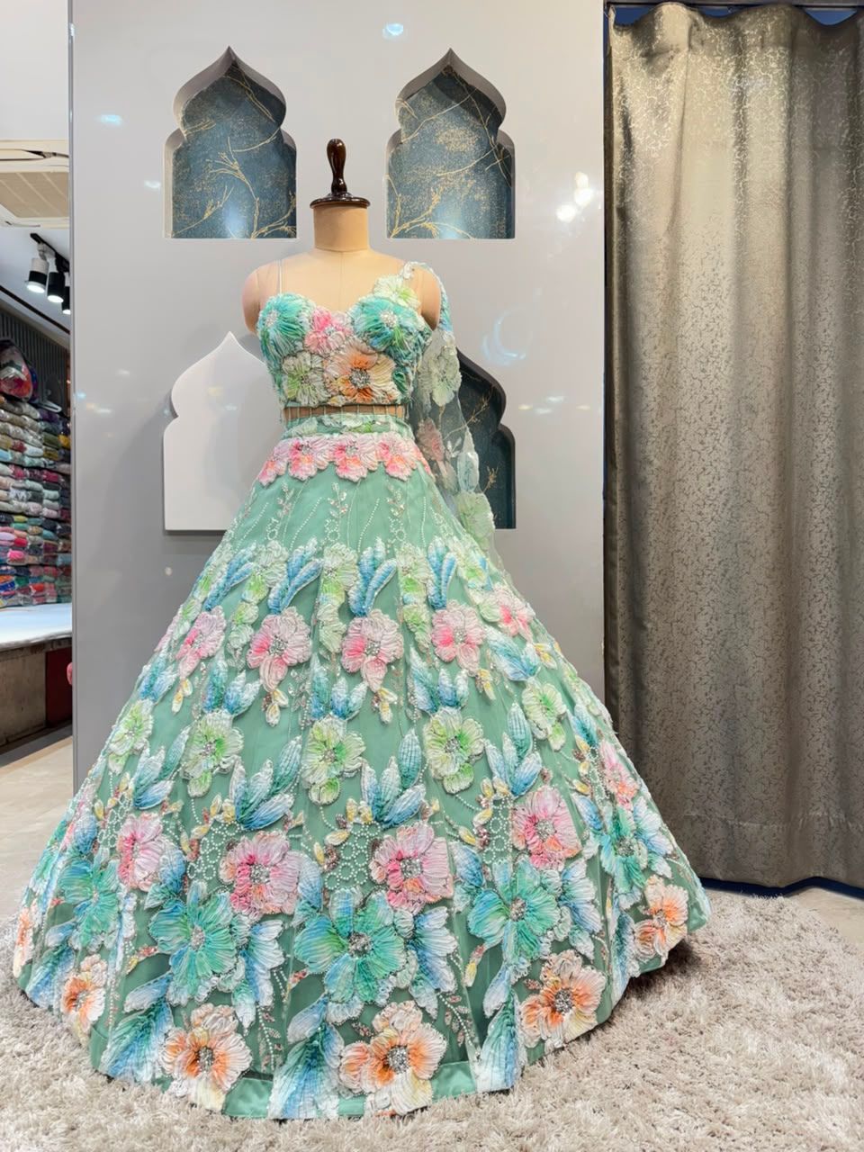 "MINT BLOSSOM 3D FLORAL EMBROIDERED LEHENGA"