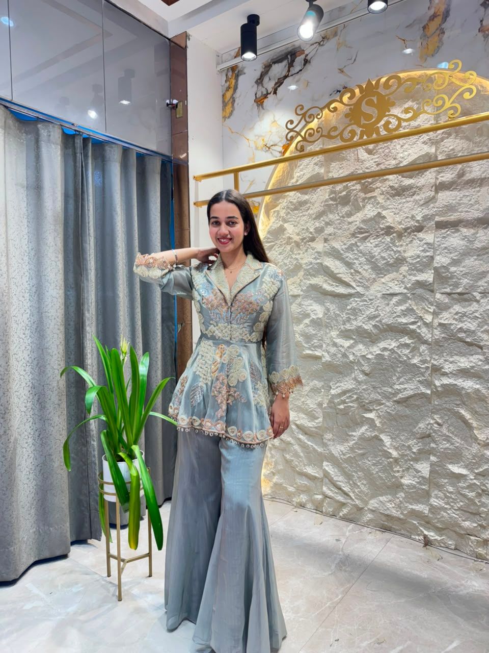 "ICE GREY EMBROIDERED PEPLUM INDO-WESTERN"